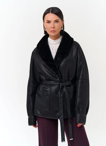 Женская дубленка из эко замши с поясом