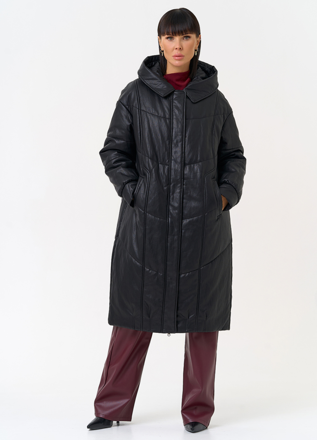 Женский пуховик из эко кожи со съемным эко мехом модель № 30718 в кредит