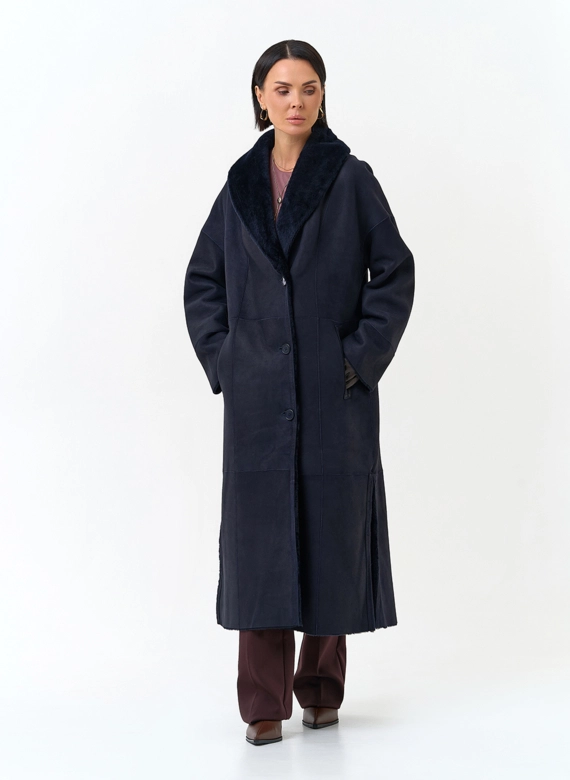 Женская двухсторонняя дубленка с воротником шаль фото