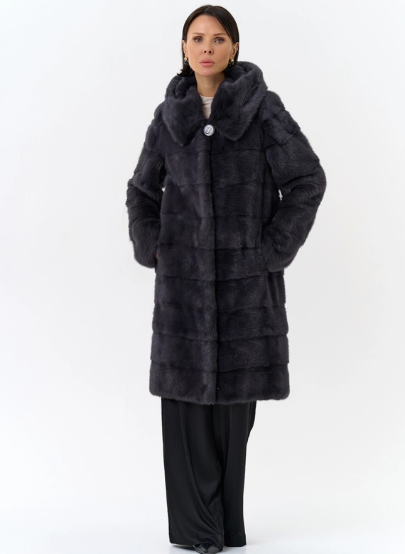 Норковая шуба в цвете графит с капюшоном 