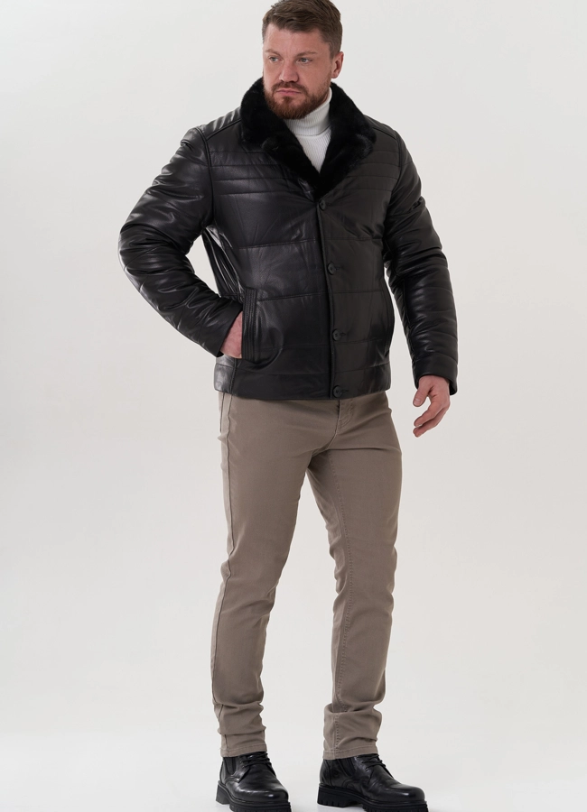 Мужская куртка из натуральной кожи модель № 26181 меха малина фото