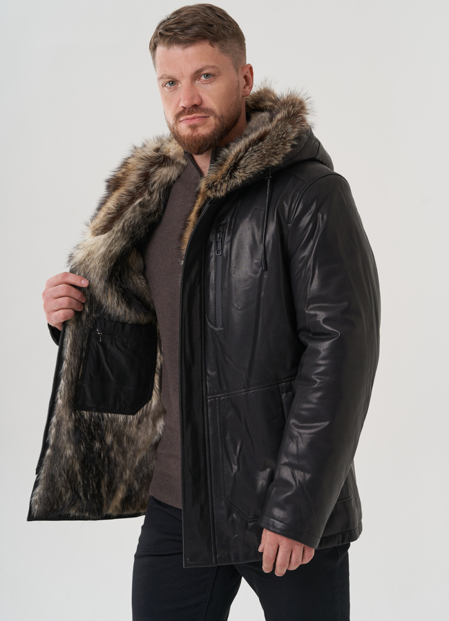 Мужская куртка с капюшоном на мехе из волка модель № 82262 в рассрочку