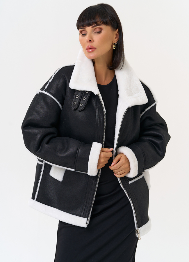 Женская дубленка из эко замши с воротником стойкой модель № 31510 меха малина