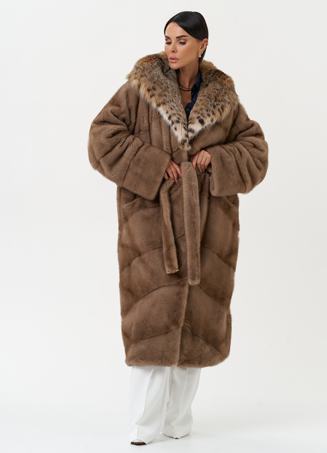 Женская шуба из меха норки с капюшоном из меха рыси модель № 31162 универмаг малина