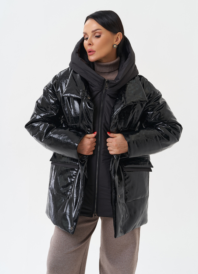 Куртка женская из эко кожи с капюшоном модель № 28685 меха малина