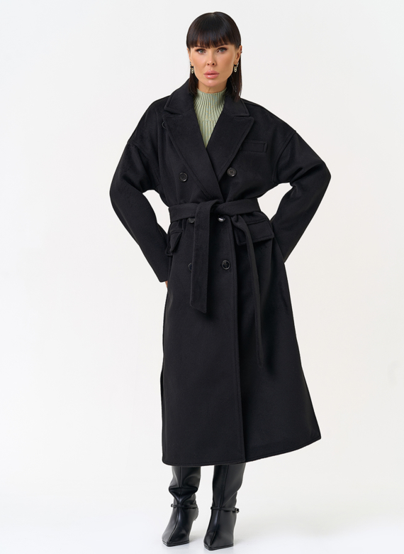 Женское двубортное пальто черного цвета