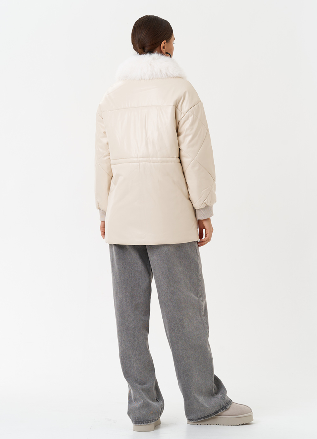 Пуховик из эко кожи с мехом песца модель № 25497 универмаг малина