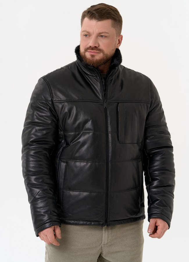 Куртка из натуральной кожи черного цвета модель № 29323 меха малина