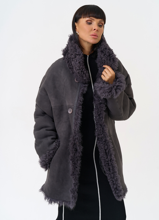Женская двухсторонняя дубленка с декоративным поясом модель № 31617 универмаг малина
