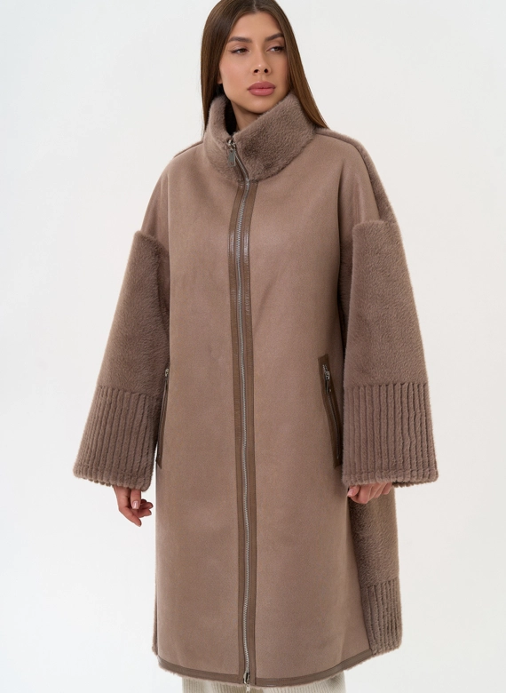 Женская двухсторонняя дубленка из эко замши с воротником стойкой