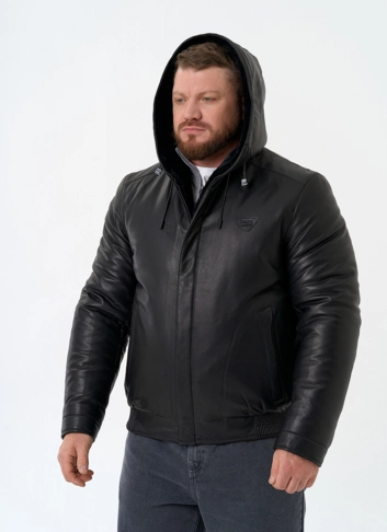 Мужской пуховик из натуральной кожи с капюшоном