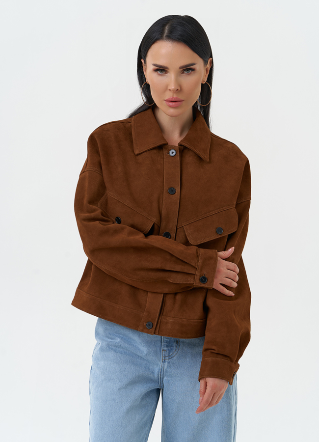 Женская куртка из натуральной замши модель № 30320 меха малина