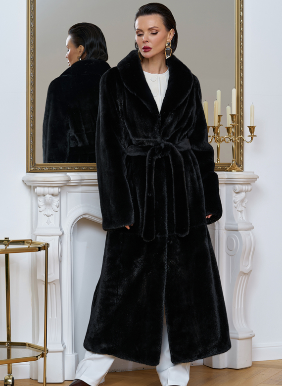 Длинная шуба из меха норки с воротником шаль