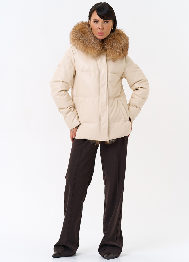 Женский пуховик из эко кожи с отделкой из натуральной лисы модель № 31946 универмаг малина