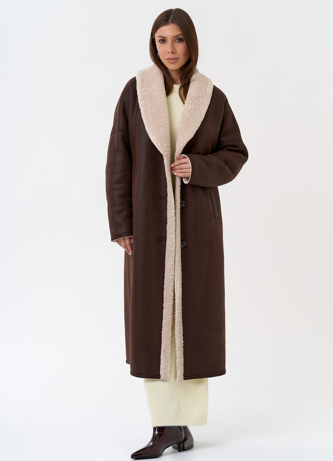 Женская двухсторонняя дубленка из эко замши с воротником шаль модель № 31437 универмаг малина