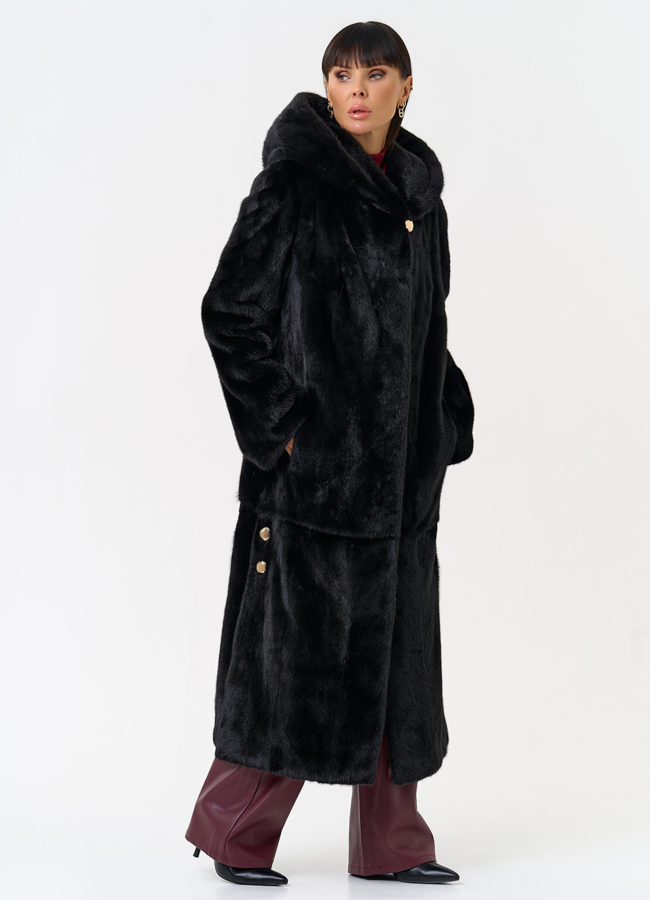 Женская шуба из скандинавской норки с капюшоном модель № 31635 универмаг малина