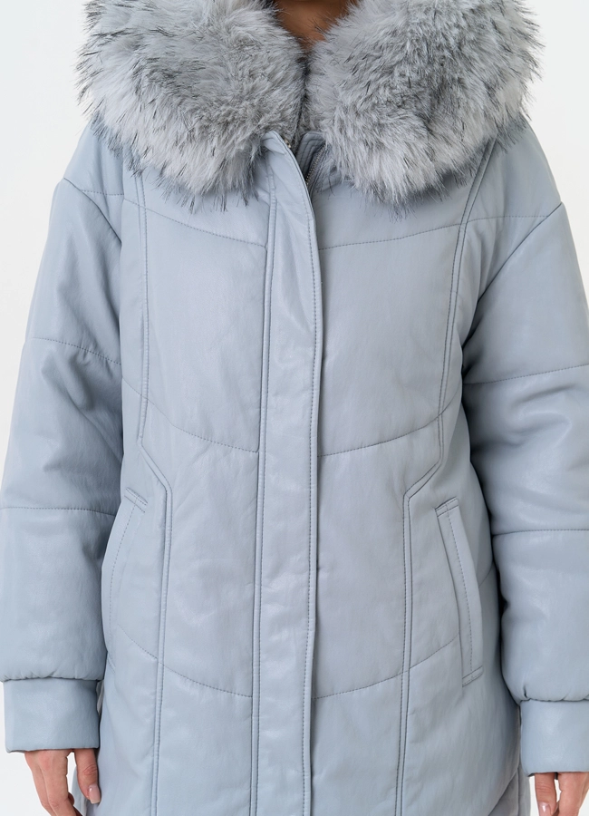 Женский пуховик из эко кожи с отделкой из эко меха модель № 30720 универмаг малина