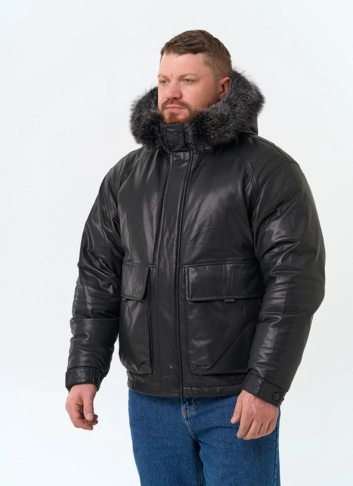 Мужской пуховик из натуральной кожи с мехом енота на капюшоне фото