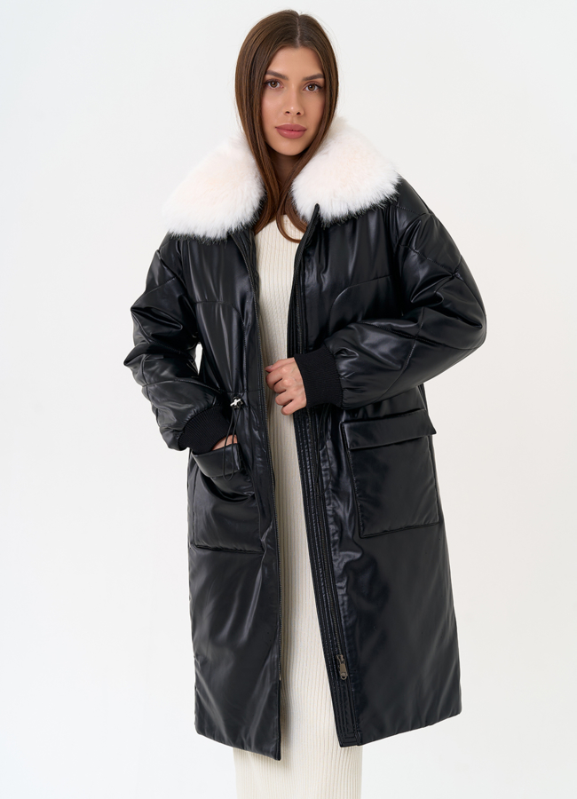 Женский пуховик из эко кожи с воротником из эко меха модель № 30724 универмаг малина