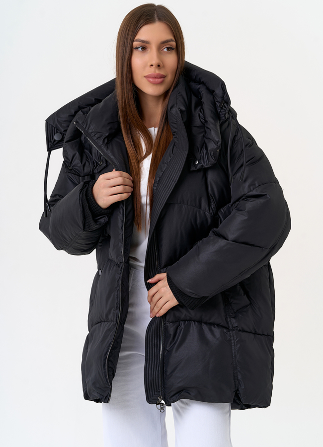 Женский пуховик черного цвета с капюшоном модель № 31592 универмаг малина