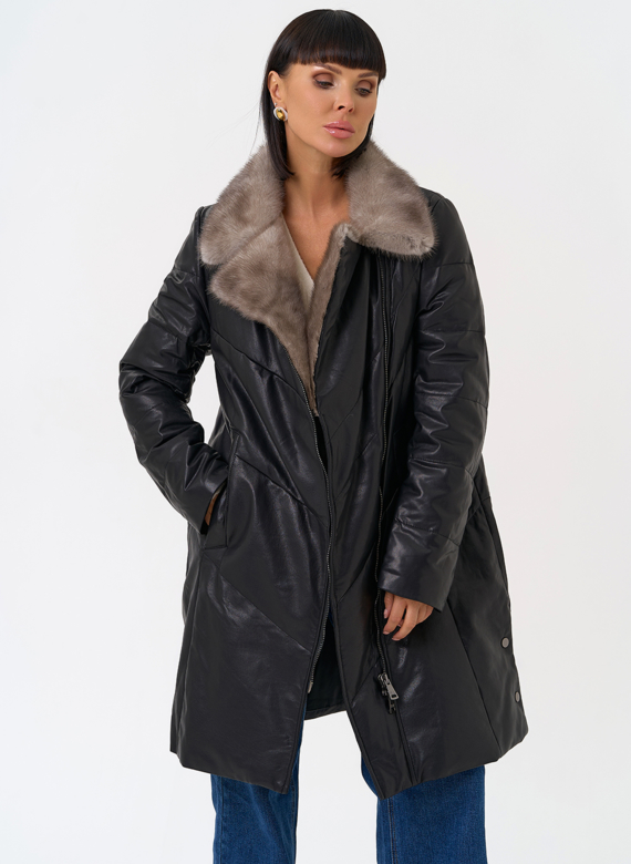 Пуховик из натуральной кожи с воротником из меха норки